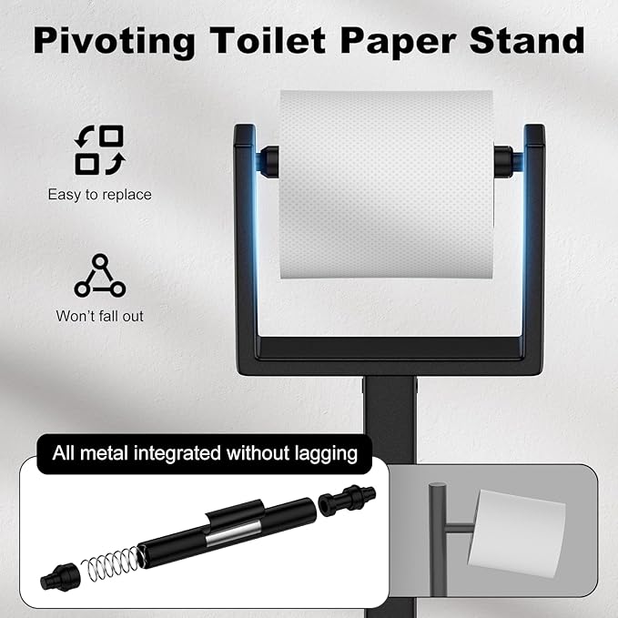 Black Toilet Paper Holder Stand，Stainless Steel Toilet Paper Holder Free Standing，Stable Weighted Base Floor Tissue Roll Holder for Bathroom，Modern Pivoting Toilet Paper Stand
