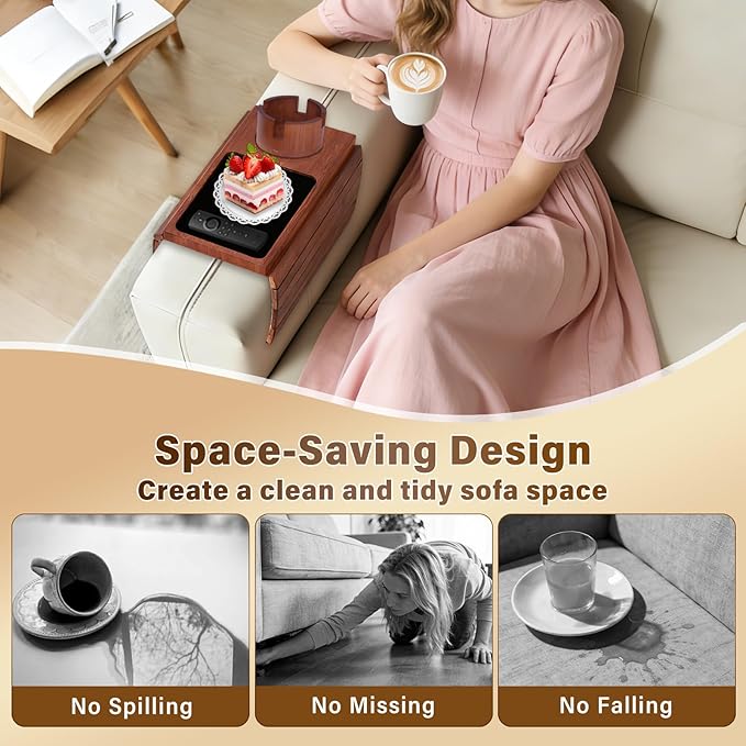 Couch Cup Holder Tray, 3-in-1 Bamboo Couch Armrest Table with 360° Rotating Magnetic and Detachable Phone Holder Stand, Foldable Anti-Slip Sofa Arm Tray for Remote, Phone, Snacks and Drinks