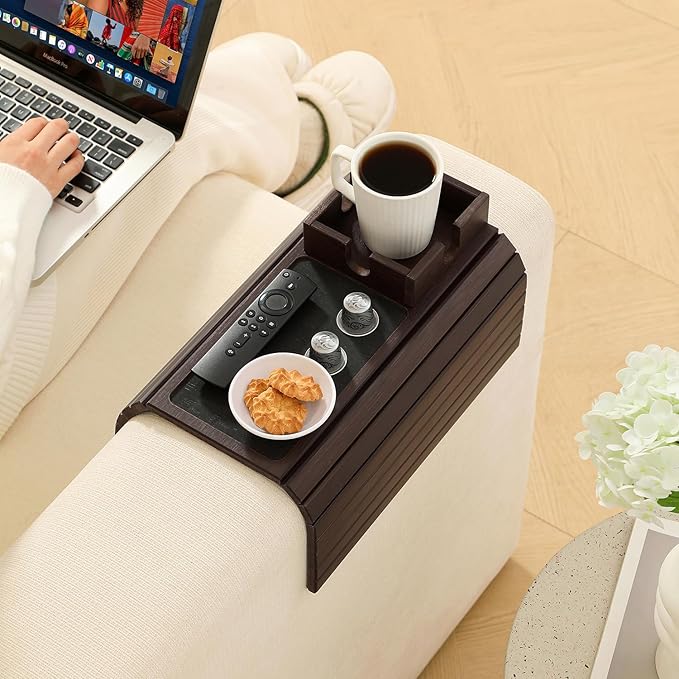 Bamboo Couch Cup Holder Arm Tray Table with Anti-Slip Cork Pad，Couch Drink Holder，Sofa Cup Holder Armrest Tray，Foldable Arm Chair Table Recliners for Drink, Cups, Eats，Snacks, Phone, Remote (Mahogany)