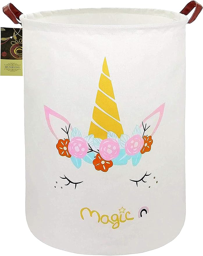 HUNRUNG Collapsible Fabric Storage Basket, Waterproof Laundry Hamper with Handles, Round Storage Bin for Clothes Toys, Foldable Organizer for Bedroom Nursery Bathroom(Round-magic-unicorn)
