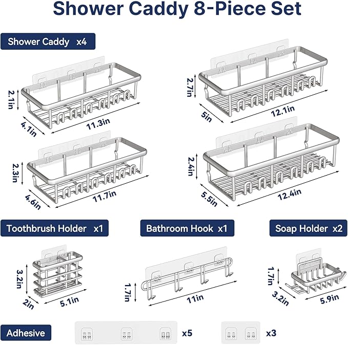 8 Pack Adhesive Rustproof Shower Shelves with Soap Dishes, Toothbrush Holder & Hooks, Large Capacity No-Drilling Shower Shelves Rack for Bathroom Organizers and Storage Accessories, Silver