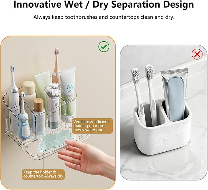 Toothbrush Holders for Bathroom Countertop Organizer, 5 Slots Large Capacity Electric Toothbrush Holder Wall-Mount for Space Saving, Tooth Brush and Toothpaste Holder with Dividers for Easy Clean