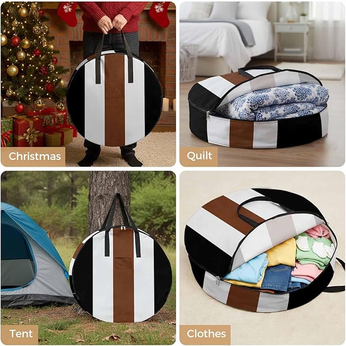 Storage Bag Boho Stripe Round Storage Totes Bins Closet Organizers with Zippers & Handle Bohemian Brown Black White Clothes Storage Container for Bedroom Dorm Space Saving Packing Supplies Moving Bags