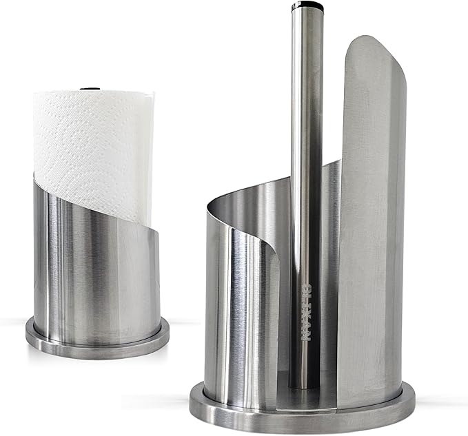 Stainless Steel Paper Towel Holder Countertop, Modern Spiral Cover Design,Weighted Base for Stability, Freestanding Easy One-Handed Operation for Kitchen Bathroom (Brushed Silver)