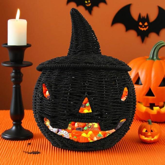 Halloween Candy Basket Handwoven Pumpkin Decors User Friendly Iron Frame Sturdy Storage for Homes Party School