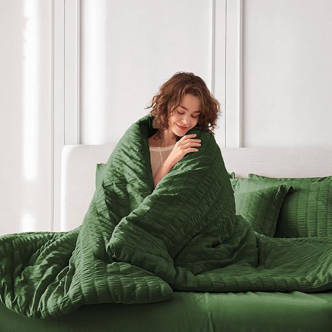 MUXHOMO 5 Pieces Twin XL Comforter Set, Seersucker Bed in a Bag Twin XL Size, All Season Luxury Bedding Set with Comforter, Flat Sheet, Fitted Sheet, Pillowcase & Sham, Dark Green