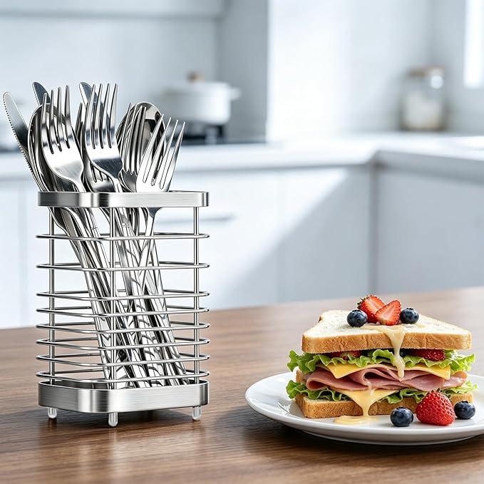 Utensil Holder, Stainless Steel Utensil Drying Rack for Kitchen Counter, Silverware Cutlery Flatware Holder Forks, Knives, Spoons, Chopsticks Organizer (Silver)