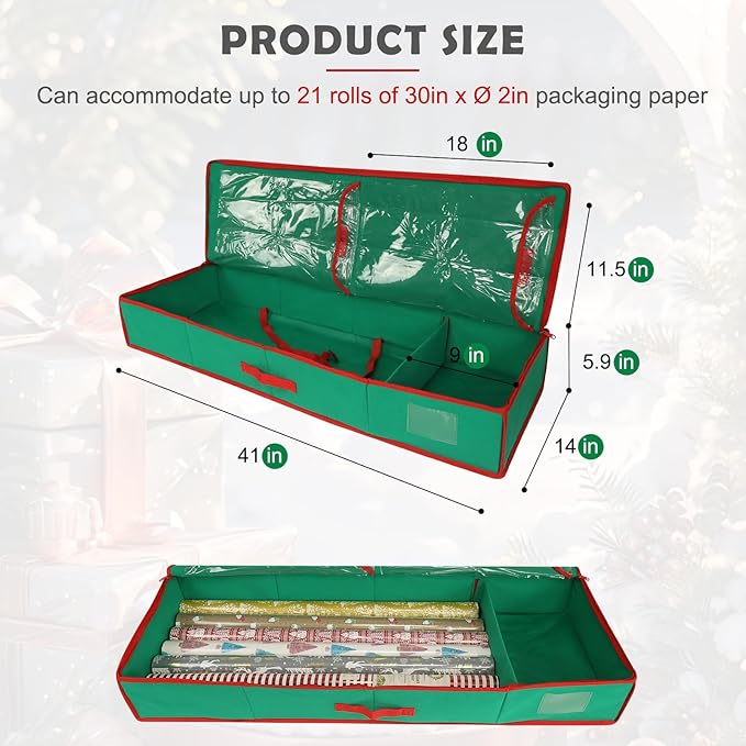 Christmas Wrapping Paper Organizer Storage Bag Containers Interior Pockets 41" Fits Up to 27 Rolls 3/8” Diam, Green