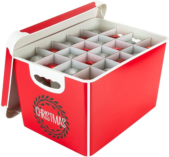 Simplify Christmas Wreath Design Holiday Tote Bin Ornament Storage | Dimensions: 15.4"x 11.4"x 9.25" | Holds 60 Ornaments | Red | Removable Lid | Easy Carry Handles |
