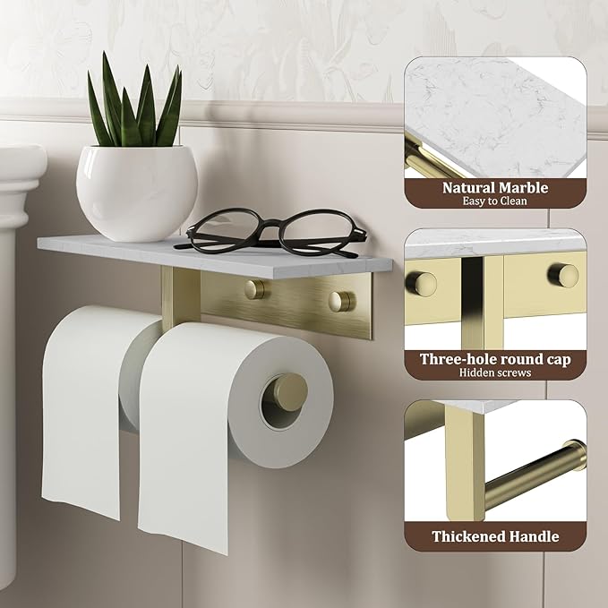BWE Double Toilet Paper Holder with Shelf, Wall Mounted Tissue Roll Holder for Bathroom, Commercial Toilet Paper Dispenser, Marble Toilet Paper Storage Holder with Phone Shelf (Brushed Gold)