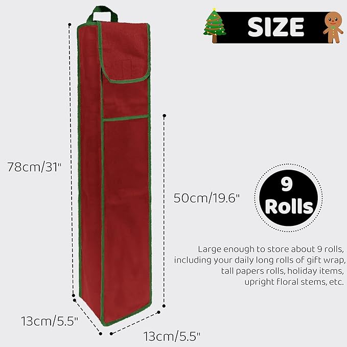 OUTTDID Wrapping Paper Storage Bag 31", Gift Wrapping Paper Organizer Storage Containers with Pocket for Crafts Poster Tools, Christmas Wrap Paper Holder fits for 9 Standard Rolls, Red