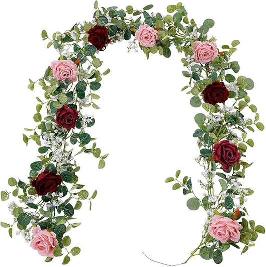 Anna's Whimsy 2PCS 5.91FT Artificial Eucalyptus Garland with Flowers, Fake Rose Gypsophila Garlands, Faux Floral Greenery Garland for Wedding Spring Home Party Table Runner Decor（Dusty Pink）