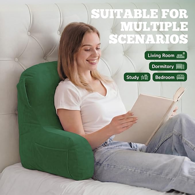 Unisakey Portable Comfy Reading Pillows for Bed Sitting Up(Green Oeko-Tex), Velvet Back Pillow with Arms & Pockets for Adults, Support Memory Foam Bed Pillow for Dorm/Reading/Watching/Gaming
