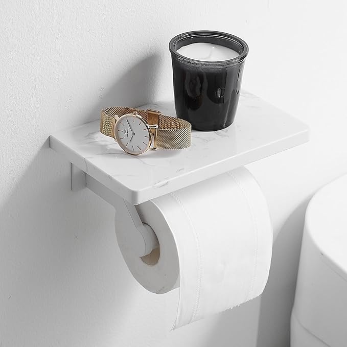 Hoimpro White Aluminum Toilet Paper Holder with White Natural Marble Shelf, Wall Mounted Tissue Hand Paper Roll Storage Holder for Bathroom Kitchen Washroom Bedroom