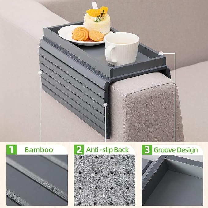 Bamboo Sofa Arm Tray with 2Pcs Cup Mats, Foldable Sofa Armrest Tray Side Table, Anti-Dropping Couch Armrest Table Cup Holder for Eats Drinks Snacks Remote Cellphone Cup Holder(Gray)