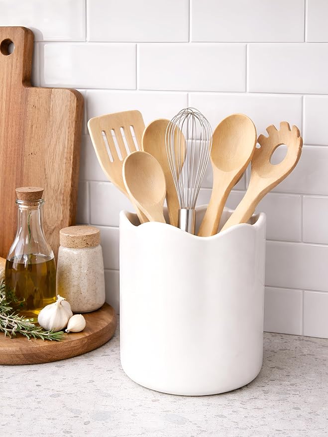 Ceramic Utensil Holder for Kitchen Counter, 7.1" Large Kitchen Utensil Crock with Protection Cork Mat, Modern Cooking Tools Organizer for Countertop, Matte White