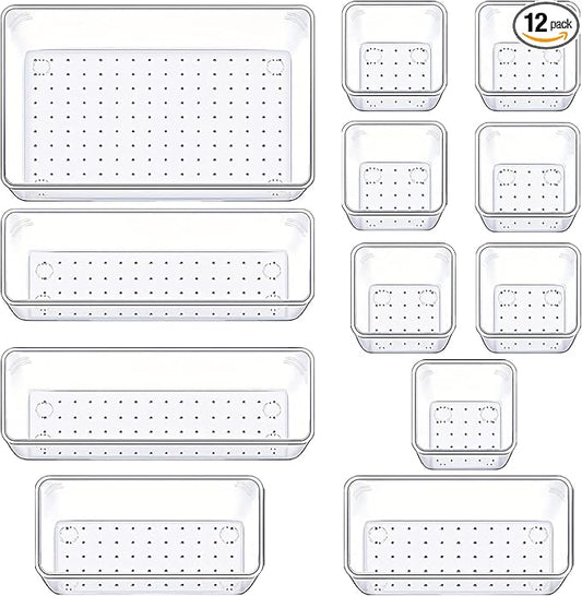 Manalete Drawer Organizers Set of 12, 4 Sizes Clear Plastic Drawer Organizers and Storage Bins for Kitchen, Bathroom, Office, Dresser Desk Drawer Organizer Tray for Jewelry, Makeup, Junk, Gadgets