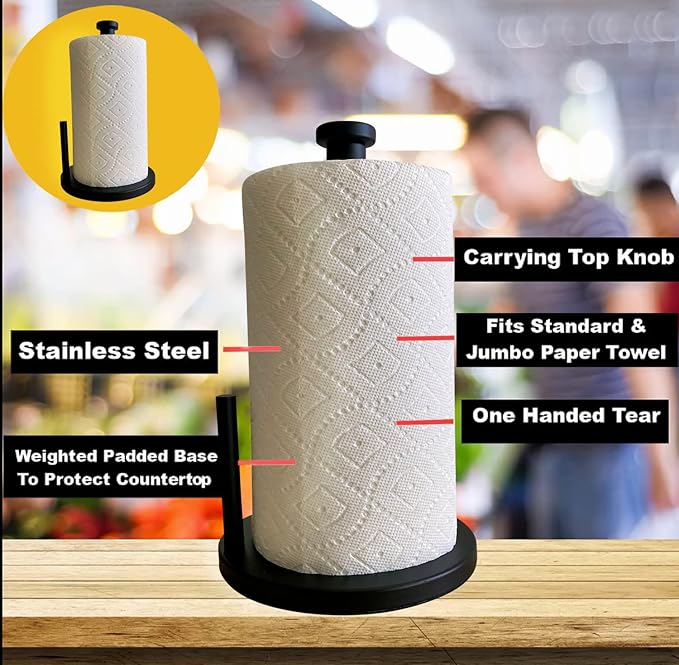 Black Paper Towel Holder Countertop Stainless Steel Paper Towel Stand with Weighted Non-Slip Base One-Handed Tear, Rust-Resistant Kitchen Roll Holder, Standard, Jumbo & Large Rolls