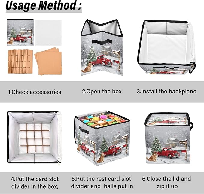 Red Truck Christmas Ornament Storage Basket Box Red Buffalo Plaid Winter Holiday Storage Container Cube with Adjustable Dividers for 64 Holiday Ornaments or Decorations Keeps Clean and Dry