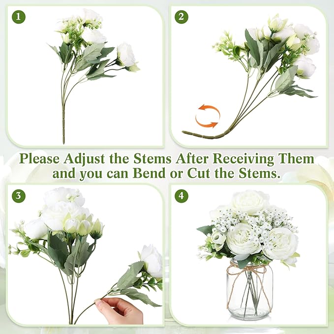 Zeyune 12 Sets Mason Jar Centerpiece Table Decorations, Artificial Peony Baby's Breath Flower Bouquets, Faux Flowers with Vase, Rustic Decor Gifts for Home, Wedding, Holiday (White)