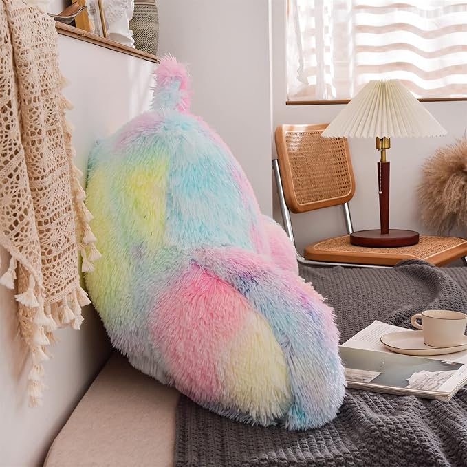 A Nice Night Faux Fur Reading Pillow Bed Wedge Large Adult Children Backrest with Arms Back Support for Sitting Up in Bed/Couch for Bedrest,YellowPink