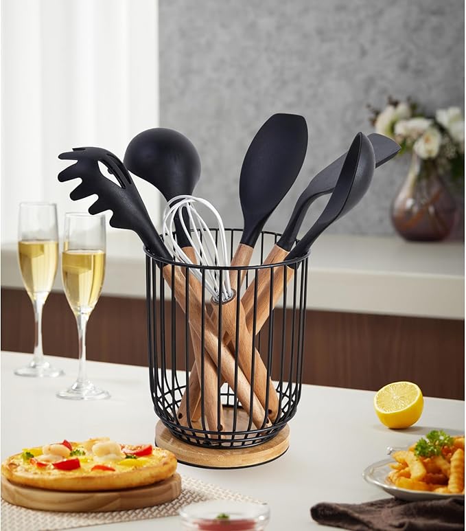WDT Tool Utensil holder for Kitchen Counter，Large Utensils Holder For Farmhouse Cooking, Utensil Caddy Spatula Holder (Metal+Bamboo-1)