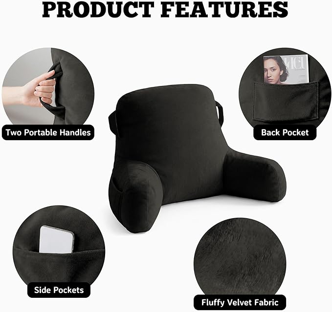 Unisakey Portable Comfy Reading Pillows for Bed Sitting Up(Grey Oeko-Tex), Velvet Back Pillow with Arms & Pockets for Adults, Support Memory Foam Bed Pillow for Dorm/Reading/Watching/Gaming