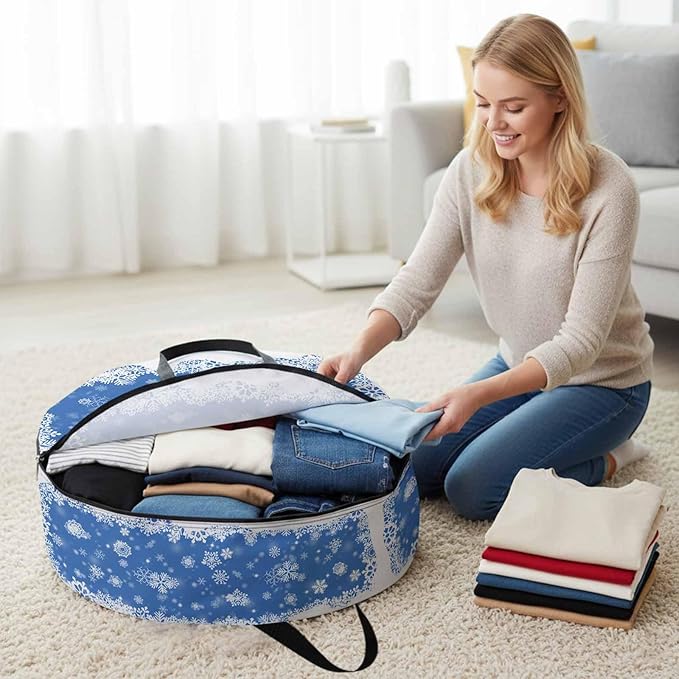 Christmas Dreamlike Round Storage Bag 24 Inch, Winter Snowflake Blue Background Clothes Storage Container with Handles Heavy Duty Organizer for Comforter, Bedding & Holiday Wreaths
