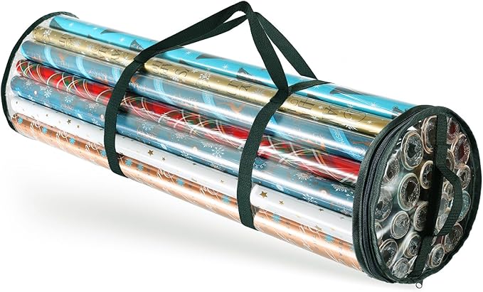 Hearth & Harbor Wrapping Paper Storage Container - Clear Wrapping Paper Holder Fits Up To 14 Rolls of 40" - Tear Proof Gift Wrapping Organizer Storage - Premium Christmas Storage Bag For Easy Carrying
