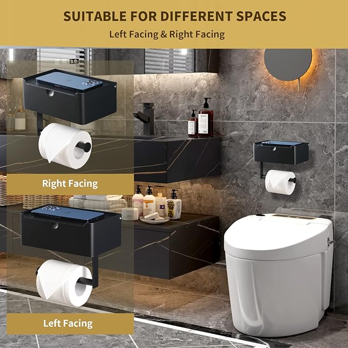 LAYUKI Toilet Paper Holder with Shelf, Wipe Holder for Bathroom, Large, Stainless Steel, Wall Mounted, Matt Black, Upgraded Toilet Paper Holder
