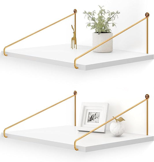 Afuly 12 Inch Deep Floating Shelves for Wall, Gold White Wall Mounted Shelves, Hanging Storage Shelves for Bathroom Kitchen Bedroom, Solid Wood Chic Bookshelves, Set of 2
