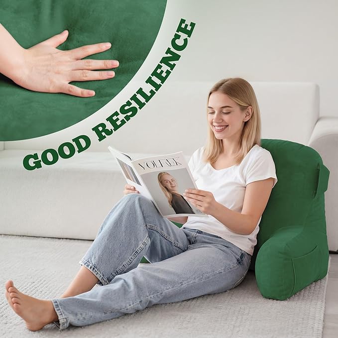Unisakey Portable Comfy Reading Pillows for Bed Sitting Up(Green Oeko-Tex), Velvet Back Pillow with Arms & Pockets for Adults, Support Memory Foam Bed Pillow for Dorm/Reading/Watching/Gaming