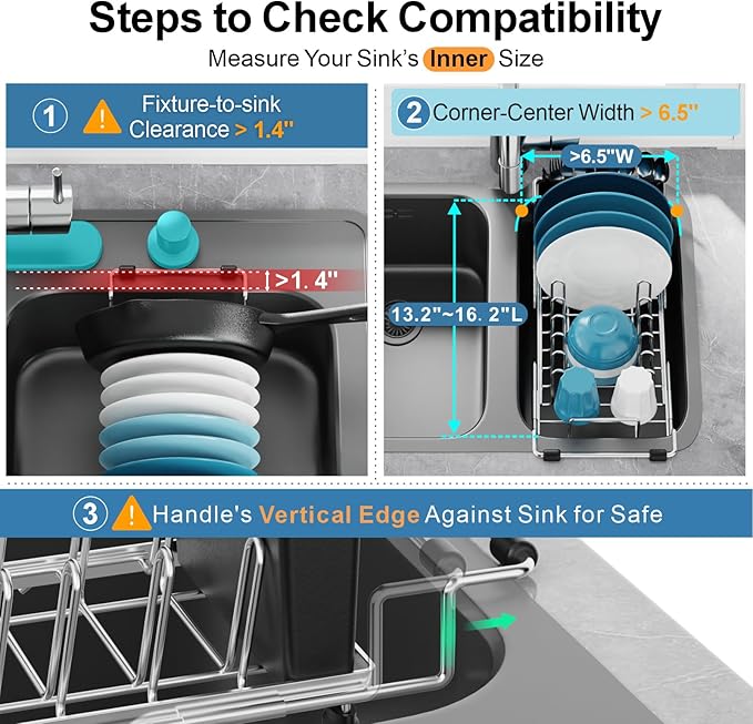 GSlife Small Dish Drying Rack for Counter or Over Sink, Stainless Steel Expandable Dish Drainer with Drain Board and 360° Swivel Drain Spout, Compact for RV, Camper, 1-2 People, Narrow 6.5" W, Silver
