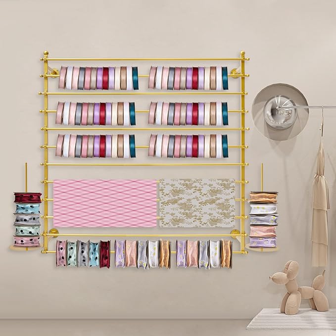 12-Layer Ribbon Holder Organizer Rack Wall Mounted Wrapping Paper Storage Rack Ribbon Dispenser Holder Wrapping Station Display Racks for Craft Room Florist Cake Shop(Gold)