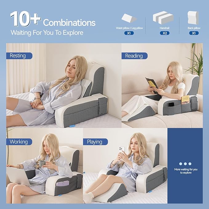 Kayfia Reading Pillow, 10 in 1 Back Pillow for Bed Sitting up with Detachable Arms Rest, Back Rest Pillow with Gel Memory Foam, for Reading/Gaming/Working in Bed or Couch 21'', White