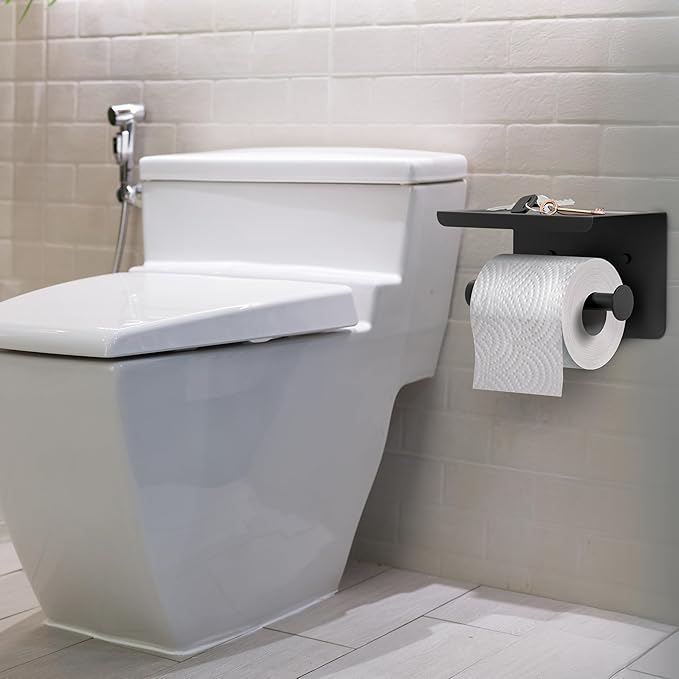 Matte Black Toilet Paper Holder with Shelf, SUS304 Stainless Steel Wall Mounted, Dual Installation Adhesive or Screw, Rustproof Modern Bathroom Tissue Roll Holder - 2 Pack