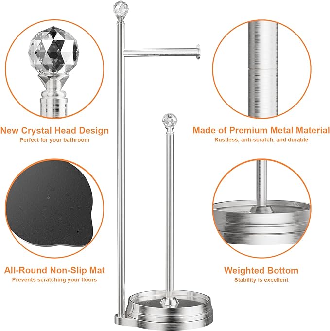 KASUNTO Toilet Paper Holder for Bathroom, Heavy Weighted Metal Free Standing Toilet Paper Holder Stand with Crystal Ball, Toilet Paper Roll Stand for Bathroom Accessories