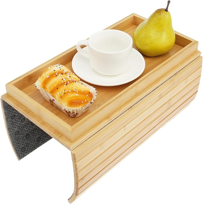 Bamboo Sofa Arm Tray, Foldable Couch Armrest Table, Anti Falling Couch Arm Tray Table, Portable Sofa Armrest Trays Cup Holder for Drink, Cups, Phone, Snacks, Remote