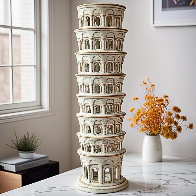 Ceramic Home Decoration 15.1 Inch Tall Leaning Tower for Living Room Bedroom Office Modern Farmhouse Antique Rustic Nordic Ornament Desktop Fireplace Centerpiece Decor