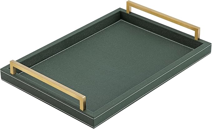 XIGEXIGE Green Decorative Serving Tray,Rectangular Tray for Coffee Table,Faux Leather Serving Tray with Handles for Ottoman,Shagreen Leather Tray for Bathroom