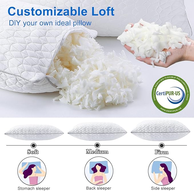 Cooling Pillows Standard Size Set of 4, Shredded Memory Foam Pillows, Adjustable Firm Bed Pillows Cool Cold Pillow for Hot Side Back Stomach Sleepers with Removable Washable Cover, 20" x 26", White