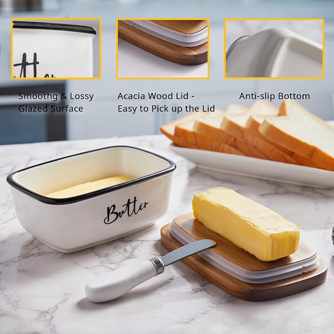 Ceramic Butter Dish with Lid and Knife for Countertop, Airtight Butter Keeper for Counter or Fridge, Butter Container with Thick Acacia Wood Lid, for Farmhouse Kitchen Decor and Accessories, White