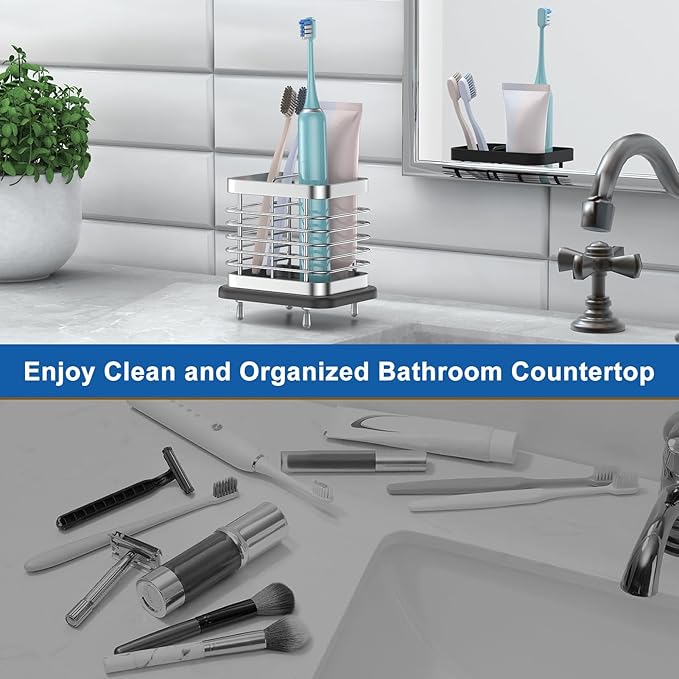 Toothbrush Holders for Bathroom, Adhesive Electric Toothbrush Holder with Fast Dry Tray Wall Mounted Toothbrush Holder Shower Toothpaste Bathroom Organizer Essentials, 2 Slots, Silver