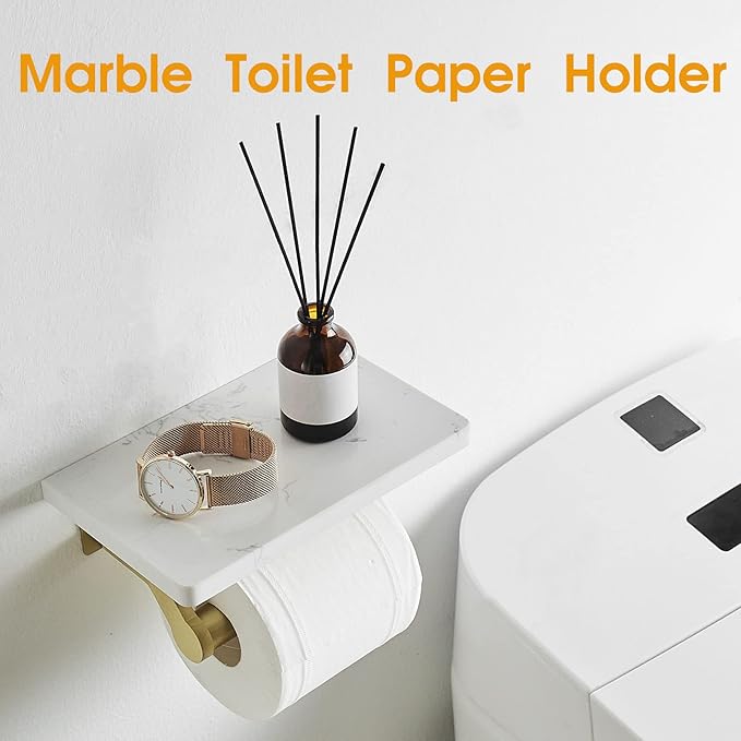 Hoimpro Brushed Gold Aluminum Toilet Paper Holder with White Natural Marble Shelf, Wall Mounted Tissue Hand Paper Roll Storage Holder for Bathroom Kitchen Washroom Bedroom