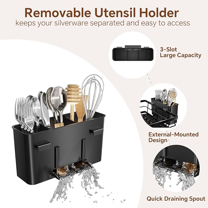 Simple Trending Dish Drying Rack for Kitchen Counter, Rust-Resistant Dish Rack, Large Dish Drainer Organizer with Cutlery Holder & Cup Holders, Black