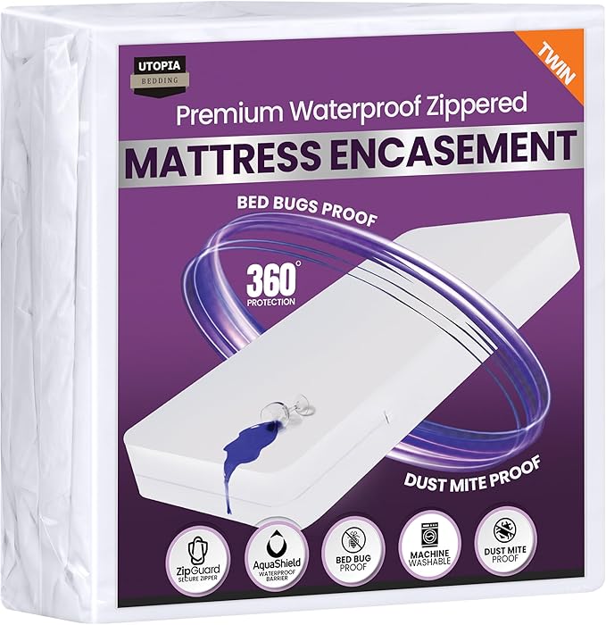 Utopia Bedding Premium Waterproof Bed Bug Mattress Cover, Twin Zippered Mattress Protector, 6 Inches Deep, Dust Mite Proof 6-Sided Mattress Encasement for Bed