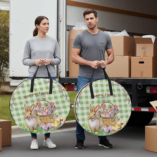 24 Inch Round Storage Bag 2 Pack,Easter Spring Flowers Rabbit and Eggs Waterproof Wreath Storage Container with Handles&Zipper Green and White Buffalo Checker Closet Organizer Bags Garland Box