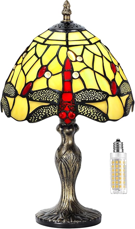MIAOKE Stained Glass Table Lamp,Stained Glass Crystal Bead Style Table Light,Handmade Desk Bedside Night Light,Antique Art Craft Gifts Living Room Bedroom Bookcase(Pale White Dragonfly)