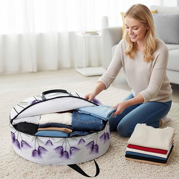 Spring Floral Round Storage Bag 30 Inch, Purple X-ray Tulip Looming Flower Leaf Modern Clothes Storage Container with Handles Heavy Duty Organizer for Comforter, Bedding & Holiday Wreaths