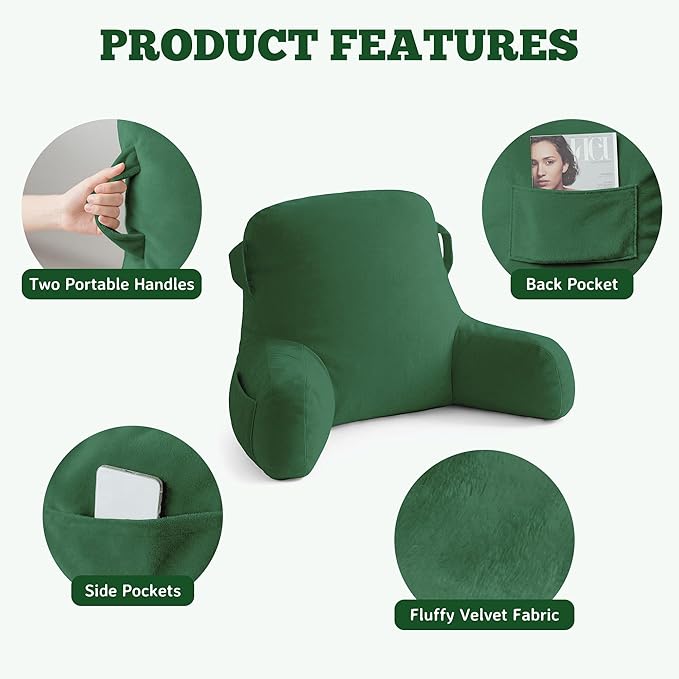 Unisakey Portable Comfy Reading Pillows for Bed Sitting Up(Green Oeko-Tex), Velvet Back Pillow with Arms & Pockets for Adults, Support Memory Foam Bed Pillow for Dorm/Reading/Watching/Gaming